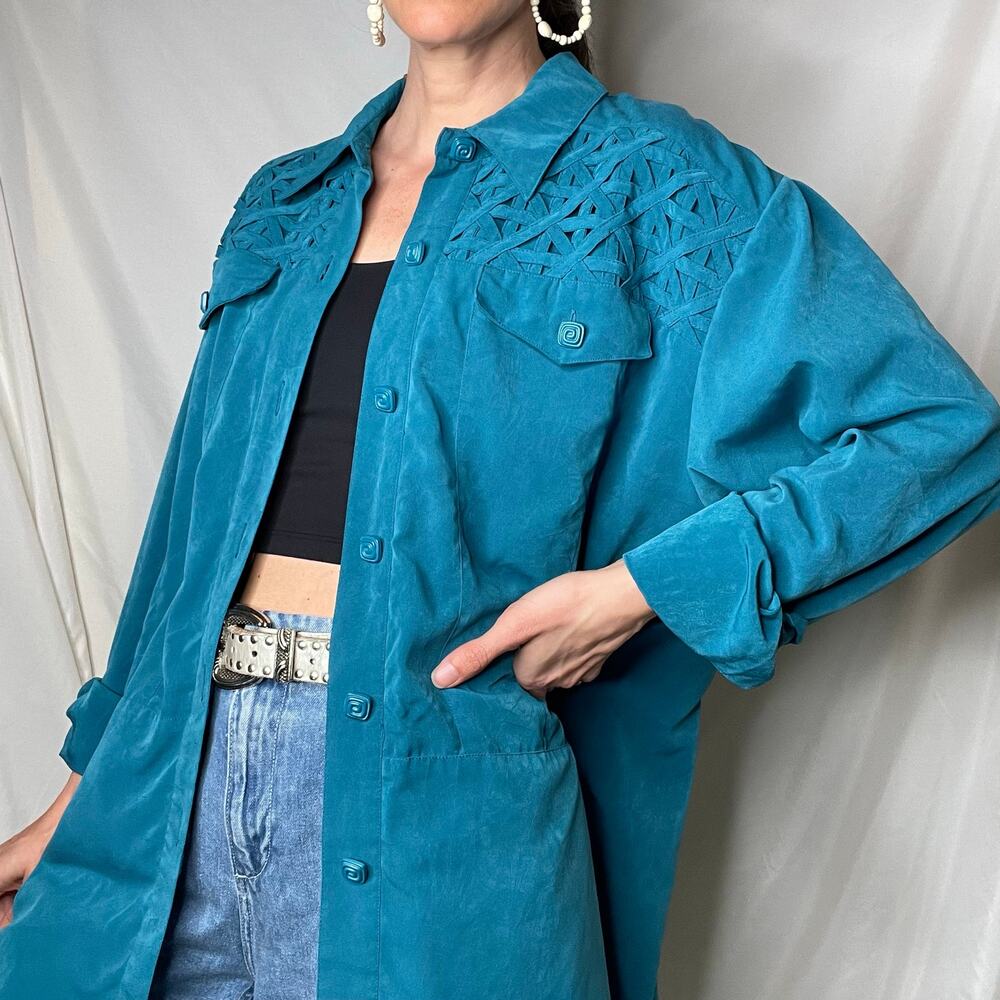 Vintage 90s woven yoke oversized blue green tunic blouse swirl buttons shirt